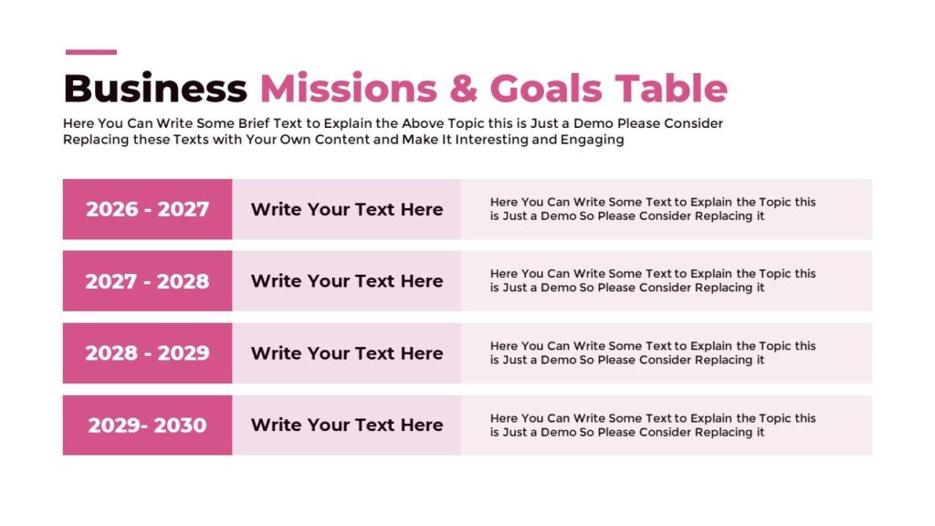 Slide 09 - Mission and Goals Table Slide for Business Planning