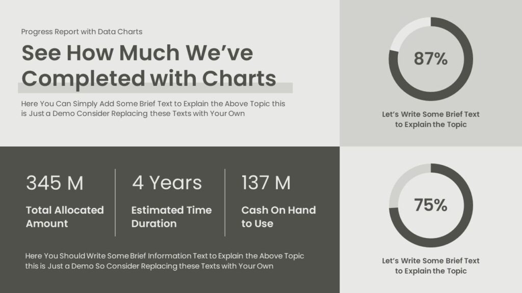 Slide 12 - Progress Report Data Charts Slide for Completion Metrics