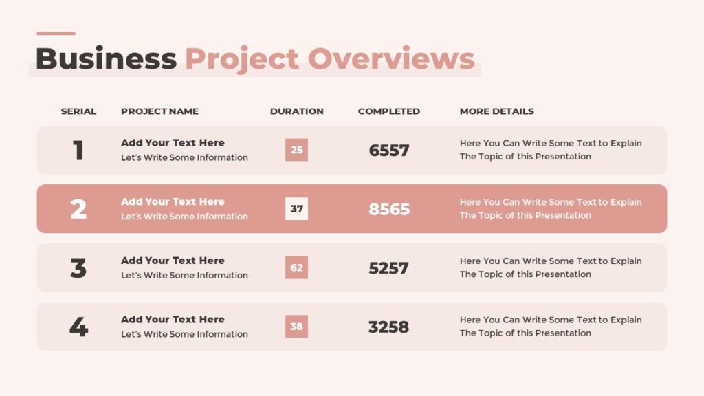 Slide 14 - Business Project Overview Table Slide for Growth Planning